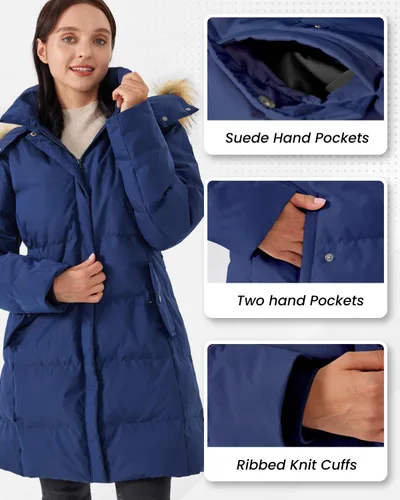 Vista 4 de Chaqueta acolchada larga y gruesa para mujer, abrigo cálido con capucha extraíble de piel sintética
