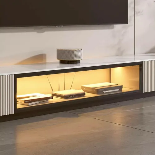 Vista 7 de LAKIQ Moderno soporte de TV de piedra con cajones de almacenamiento, consolas multimedia, sala de estar, centro de entretenimiento de pie con Champán