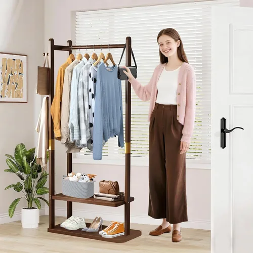 Vista 8 de Perchero de madera independiente, colgador de árbol de pasillo con ganchos de resina, perchero ajustable y resistente para colgar ropa, bolsas