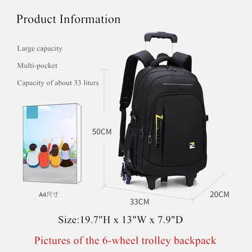 Vista 2 de Mochila con ruedas de color sólido para niños, para escuela secundaria, con ruedas, Verde Negro, Moderno