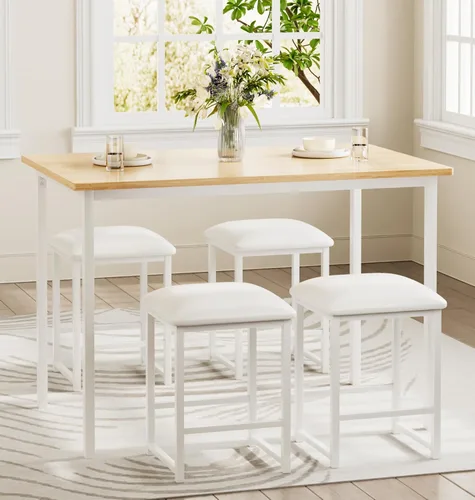 Vista 3 de VECELO Mesa y sillas de cocina para 4, juego de comedor con sillas/taburetes de poliuretano, marco de metal resistente, mesa de madera, diseño que