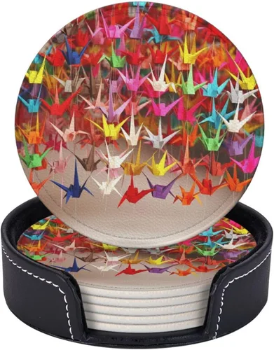 Vista 5 de Portavasos de cuero con soporte, juego de 6 grúas de papel de origami, posavasos impresos para bebidas, posavasos aislados para automóvil, posavasos