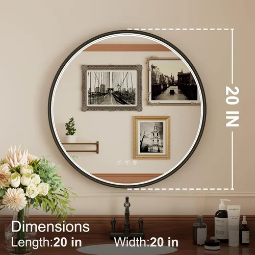 Vista 3 de Espejo de baño LED redondo Bluetooth dual de 20 pulgadas con antivaho Black Frame Circle Vanity Mirror with Lights, 3000K/4500K/6000K, Adjustable