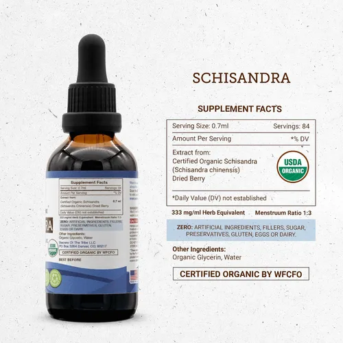 Vista 4 de Secrets of the Tribe Schisandra USDA Organic Extracto sin alcohol, gotas de hierbas de alta potencia Hecho de bayas secas 100% orgánicas