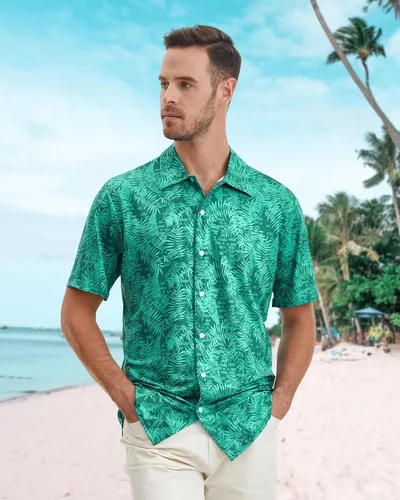 Vista 2 de BOJIN Camisa hawaiana de manga corta con botones para hombre, diseño floral tropical, sin arrugas, para vacaciones en la playa