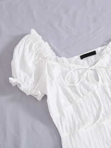 Vista 3 de Floerns Mini vestido de mujer con cuello corazón y manga abombada con volantes y lazo frontal