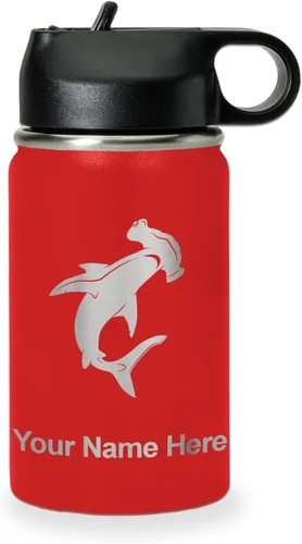 Vista 12 de LaserGram Botella de agua personalizada, tiburón martillo, acero inoxidable de doble pared aislada al vacío con popote superior, regalo grabado