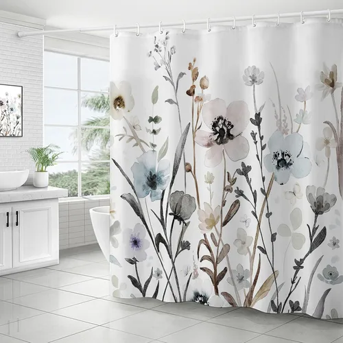 Vista 15 de Cortina de ducha floral de primavera, cortinas de ducha de plantas de flores silvestres para baño, cortina de baño de tela de poliéster impermeable