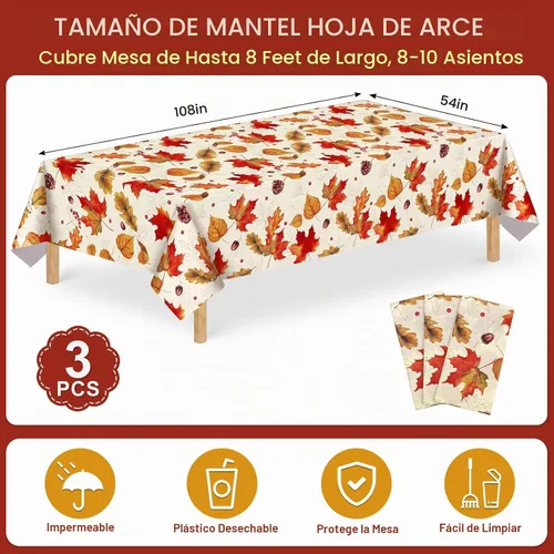 Vista 2 de Paquete de 3 manteles de plástico de otoño, 54 x 108 pulgadas Hojas de arce otoñal