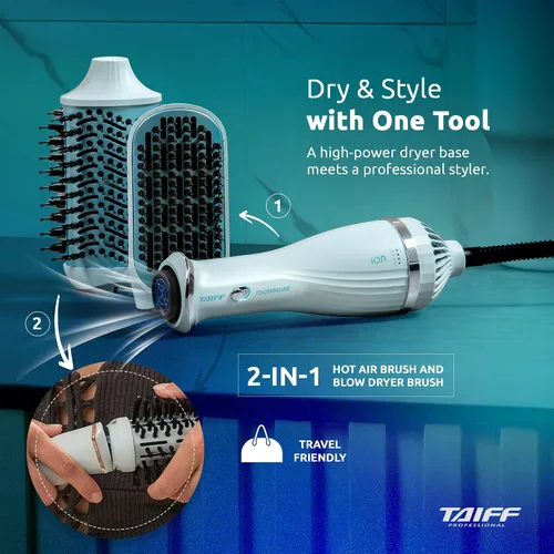Vista 2 de TAIFF Cepillo secador de turmalina – Cepillo térmico iónico de 1200 W con cabezal extraíble – Secador de pelo portátil Cepillo alisador y rizador