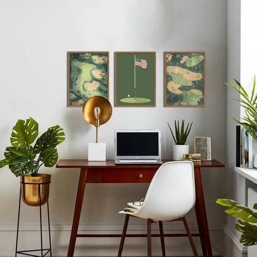 Vista 7 de Juego de 3 arte de pared vintage de golf, pinturas deportivas de mediados de siglo, arte de paisaje de campo de golf verde retro, cuadro de arte