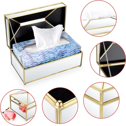 Vista 4 de Sumnacon Caja de pañuelos rectangular con espejo, soporte para caja de pañuelos de vidrio dorado, elegante funda de pañuelos para baño, inodoro