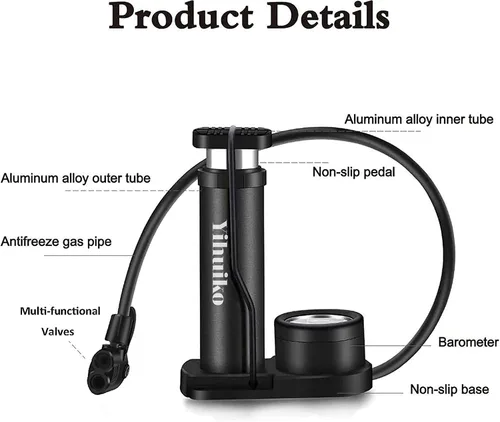 Vista 2 de Mini bomba de pie para bicicleta, bomba de pie de 120 PSI, bomba de suelo activada por pie con manómetro extra sensible, bomba de aire portátil