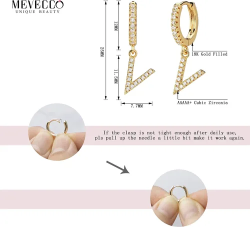 Vista 6 de MEVECCO Aretes de aro de circonita cúbica chapados en oro de 18 quilates, con iniciales de la A a la Z, 26 letras personalizadas, joyería