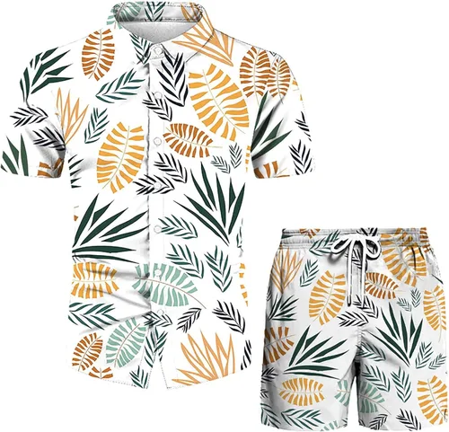 Vista 5 de SHENGXINY Conjunto hawaiano de 2 piezas para hombre, camisa floral con botones y pantalones cortos, conjunto deportivo de manga corta para hombre