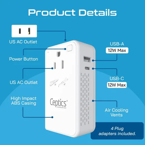 Vista 7 de Ceptics Convertidor de voltaje reductor de 200 W – Convertidor de voltaje de 220 V a 110 V para rizador, alisador, cargador – Carga rápida USB-A y C