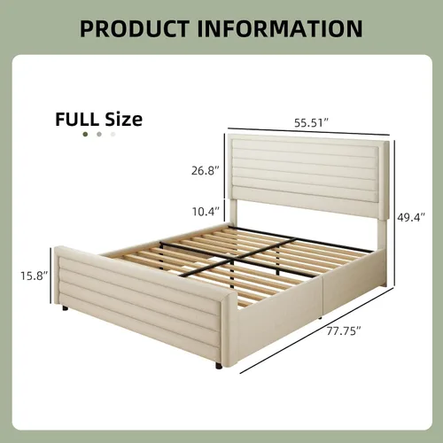 Vista 2 de REVOMINCA Armazón de cama tamaño completo (Full Size), plataforma tapizada con cabecera y pie de cama de terciopelo, base de colchón con listones