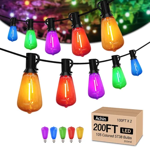 Vista 9 de Achin 50FT Solar String Lights Outdoor with 32 LED Bulbs 1.5FT Bulbs Spacing,Patio String Lights Whith Remote, IP65 Waterproof, 3600mAm Battery