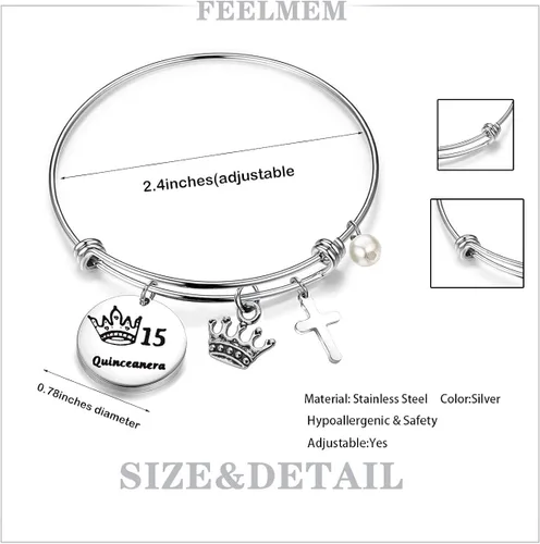 Vista 7 de FEELMEM Quinceañera - Pulsera de 15 cumpleaños para niñas y niñas 15 años de quinceañera brazalete de alambre expandible joyería de membrillo