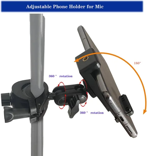 Vista 2 de Soporte de teléfono con abrazadera para micrófono, soporte de teléfono ajustable para micrófono, batería de música, con clip para iPhone 15