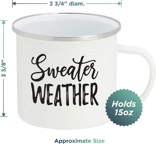 Vista 2 de HOME & HOOPLA Otoño esmalte camping taza de café suéter clima lata taza 15 onzas (blanco)