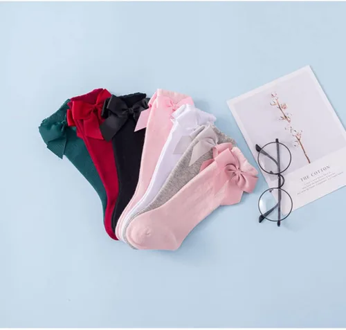 Vista 7 de BULINGNA Calcetines de princesa con lazo, color sólido, con volantes, hasta la rodilla, para bebé, para uniforme escolar