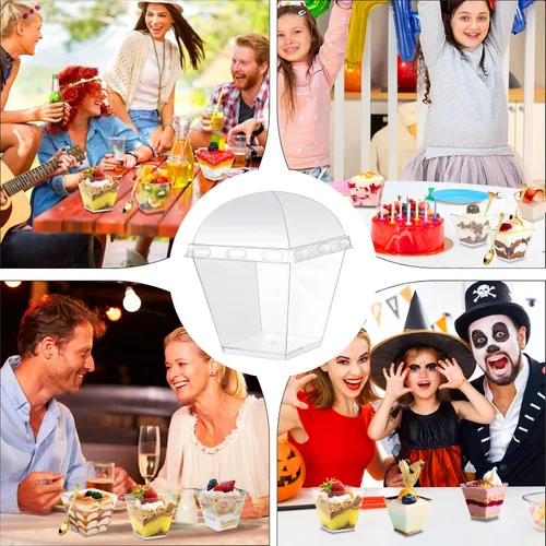 Vista 6 de Paquete de 150 tazas cuadradas de plástico para postre de 8 onzas con tapas de cúpula y mini cucharas doradas, tazas de yogur transparente