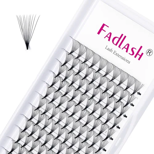 Vista 17 de FADLASH Extensiones de pestañas postizas en abanico con base puntiaguda 10D, extensiones de pestañas postizas de tallo medio, extensiones