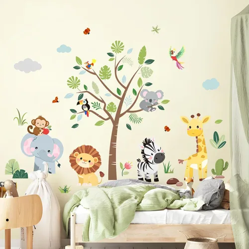 Vista 2 de Calcomanías de pared de animales de la selva, elefante, jirafa, león, cebra, calcomanías de pared para niños, dormitorio, sala de estar, guardería