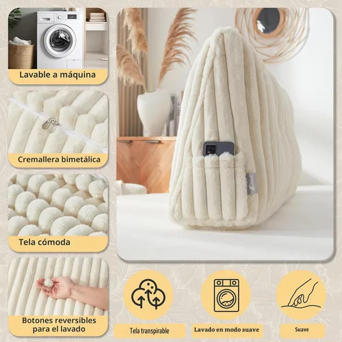 Vista 6 de Almohada de cabecero + Una almohada larga de cuello enrollado Almohada para el cuerpo, almohada de cuña de cabecero de pelo sintético con funda Beige