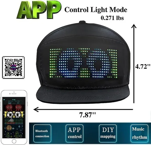 Vista 4 de Gorra de béisbol con pantalla LED, sombrero inteligente con Bluetooth animado, multiidioma personalizado con aplicación móvil, edición de control