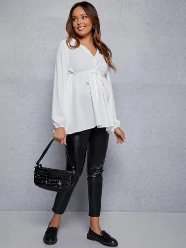 Vista 4 de MakeMeChic Camisa de maternidad de manga larga con cordón en la cintura para embarazo, blusa peplum
