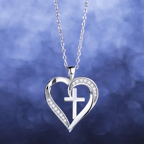 Vista 4 de MISSLAN Collar de cruz para mujer de plata de ley 925, collar de cruz de corazón para mujer, colgante de cadena para mujer, Plata