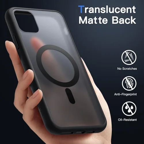 Vista 4 de JETech Funda magnética mate para iPhone 11 Pro Max, color negro Compatible con MagSafe, parte trasera mate translúcida, protección delgada a