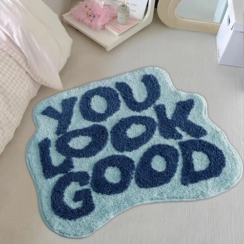 Vista 8 de Alfombra de baño negra con texto en inglés "You Look Good", alfombra de baño divertida, bonita, antideslizante, de microfibra, de felpa, pequeña
