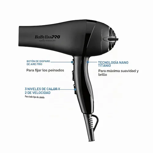 Vista 3 de BaBylissPRO Nano Titanium 2000-Watt Blow Dryer with Concentrator Nozzle, Professional Grade Ionic Corded Styling Tool for Hair