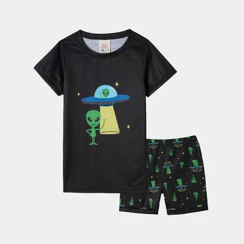 Vista 3 de MyFav - Pijamas para niños grandes de 2 piezas, pantalones cortos, lindos dibujos animados, ropa de dormir 4 piezas Alien