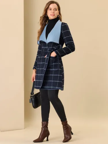 Vista 3 de Allegra K Abrigo ligero a cuadros para mujer con cuello de chal a cuadros y cinturón, M