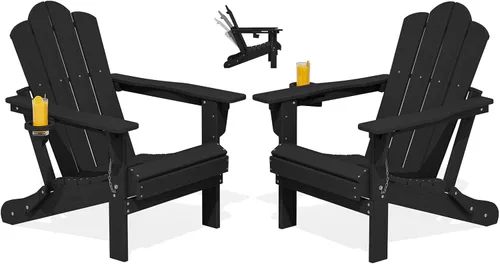 Vista 21 de Silla plegable ajustable KINGYES Adirondack, sillas reclinables Adirondack de 3 posiciones con portavasos, Adirondack de HDPE resistente a