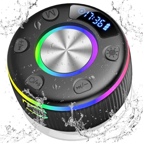 Vista 10 de Altavoz de ducha Bluetooth, IP7 impermeable, portátil, Bluetooth 5.3 con ventosa, mini altavoz inalámbrico con luces RGB, pantalla de tiempo, sonido