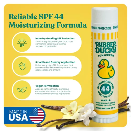 Vista 2 de Rubber Ducky Bálsamo labial con SPF 44, protector solar resistente al agua Vegano, sin tintar, sabor a vainilla, con vitamina E Todas