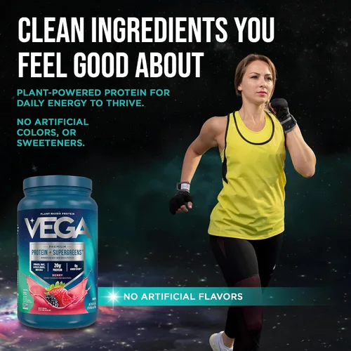 Vista 9 de Vega Protein + Supergreens - 20g de proteína a base de plantas, sabor a bayas, 26 porciones, verduras y vegetales reales, vegano keto, 0g de azúcar