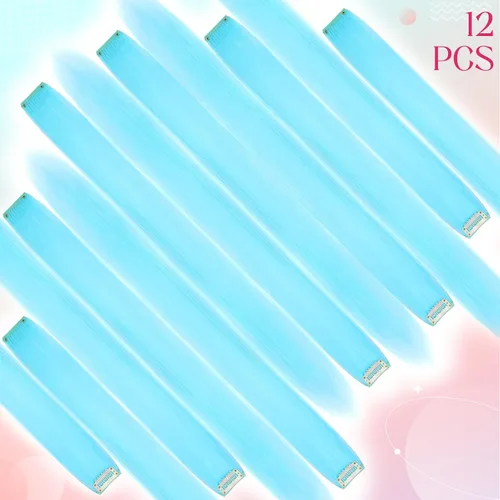 Vista 2 de FELENDY 12 extensiones de cabello con clip de color, lacio, ondulado, sintético, para mujer, color azul