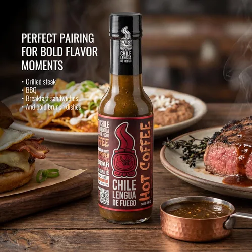 Vista 4 de Chile Lengua de Fuego Café caliente – Salsa picante jalapeño infundida con café, sabor ahumado tostado oscuro, calor suave, botella de 5 onzas