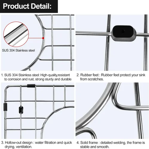 Vista 4 de 2 protectores de fregadero de acero inoxidable 304 de 14.96 x 12.99 pulgadas para fregadero de cocina de 15.5 x 13.5 pulgadas, con drenaje trasero