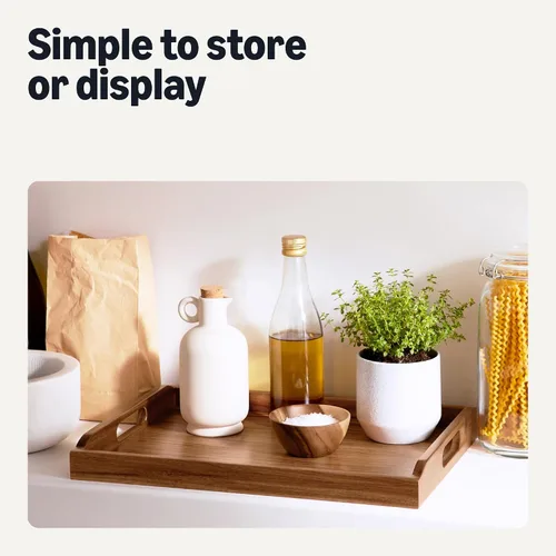 Vista 6 de Amazon Basics Bandeja de madera para servir, bandeja decorativa de madera de acacia de 17 x 12 pulgadas con asas integradas para desayuno