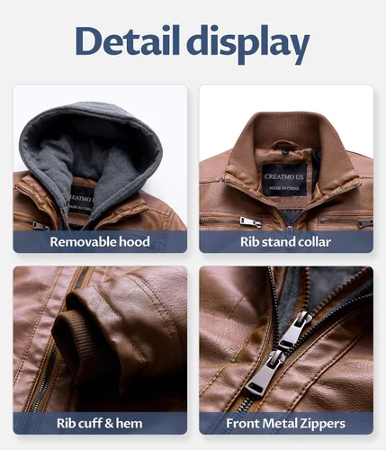 Vista 6 de CREATMO US Chaqueta de piel sintética para hombre, impermeable, resistente al viento, PU con capucha extraíble