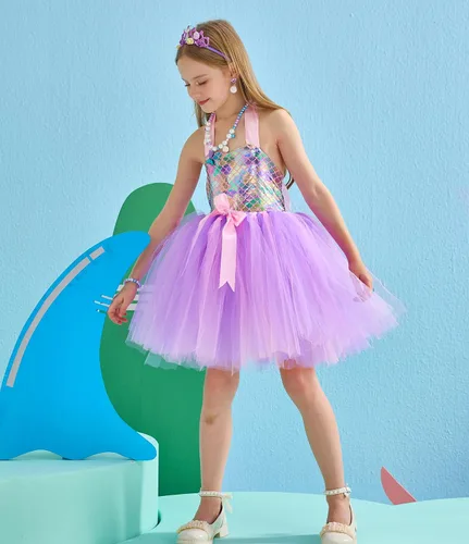 Vista 4 de Tutu Dreams Mermaid Dress for Girls with Crown Birthday Halloween Party Gifts Dress Up Clothes