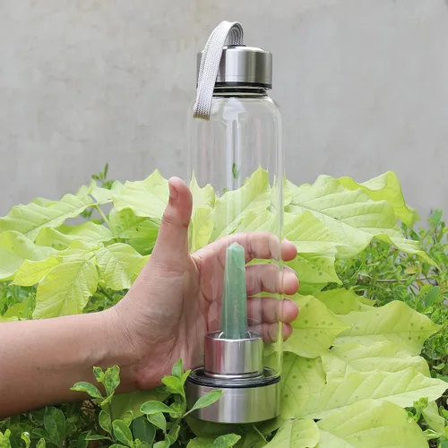 Vista 2 de GEMHUB Botella de agua de cristal Botella de elixir de cristal con varita de piedras preciosas de aventurina Cristal de aventurina verde