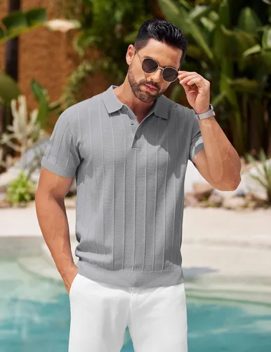 Vista 26 de COOFANDY Camisas polo de punto para hombre de manga corta con textura acanalada Camisas de golf casuales y ligeras con cuello Camiseta de polo